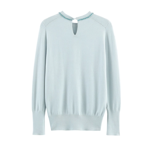 Maglione In Maglia A Girocollo Con Strass Da Donna Manica Lunga Elegante Pullover Azzurro Morbido Top