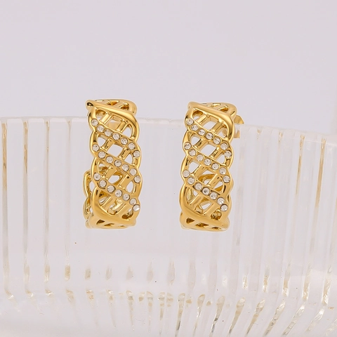 Pendientes De Aro Con Rejilla Hueca Y Pedrería Acero Inoxidable Chapado En Oro De 18K Forma De C Geométrica Joyería De Moda Mujer