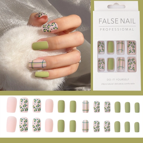 Matte Press On Nails Long Square Green Pink Leopard Print Artificial False Nails Fashionable Manicure Extension