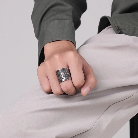 St Benedict Medal Exorcism Ring Stainless Steel Retro Religious Latin Inscription Embossed Wide Band Ring For Men Women