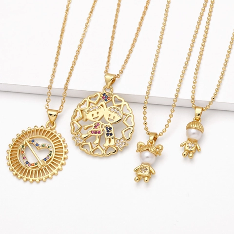 Copper Zirconia Boy Girl Pendant Necklace For Women Gold Plated Artificial Pearl Cartoon Figure Couple Clavicle Chain Jewelry
