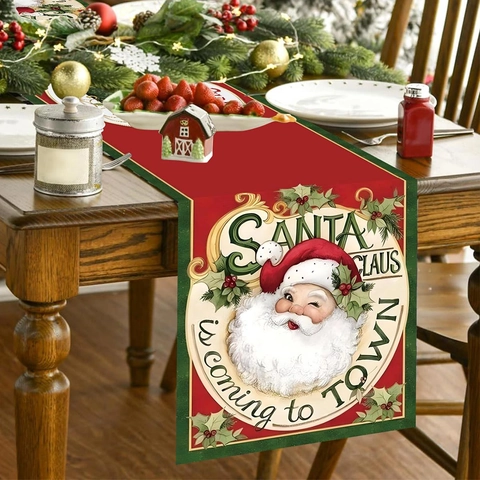 Christmas Table Runner Polyester Vintage Santa Claus Pattern Red Green Holiday Dining Table Decoration