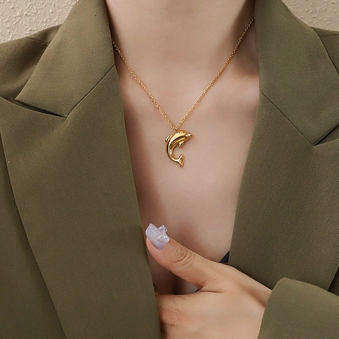 Collana Pendente Delfino Acciaio Inossidabile Placcato Oro Simpatico Animale Catena Clavicola Gioielli Donna
