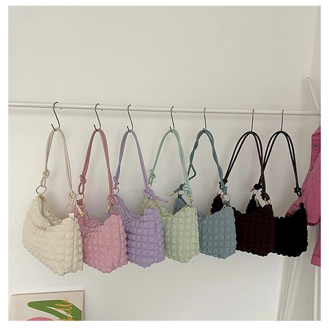 Borsa A Spalla Donna Trama A Bolle Morbida Pieghe Nylon Borsa Sottoascellare Tracolla Con Nodo Moda