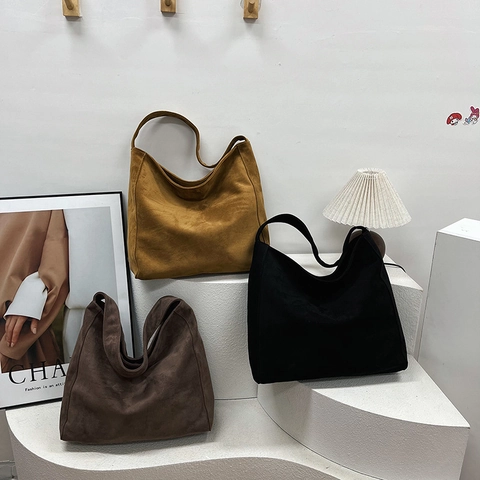 Minimalist Large Capacity Hobo Bag Suede Fabric Retro Solid Color Shoulder Tote Handbag For Women Commuting