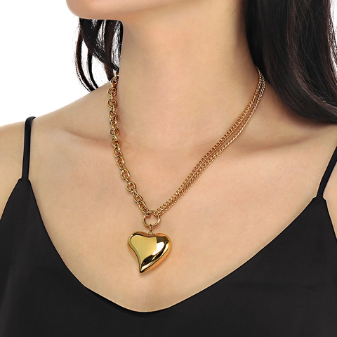 Heart Pendant Necklace Stainless Steel Double Layer Thick Link Chain Minimalist Cool Ins Style For Women