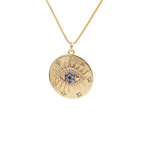 Bohemian Gold Plated Copper Evil Eye Pendant Necklace With Rhinestone Box Chain Fashion Ethnic Jewelry For Women