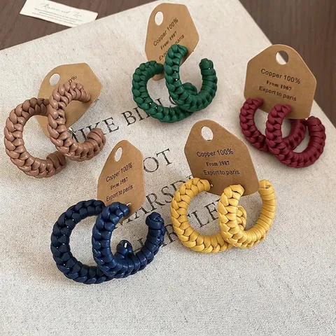 Hand Woven PU Leather C Shaped Hoop Earrings With 925 Sterling Silver Earring Post Vintage Bohemian Fashion For Women