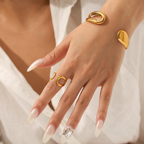Minimalist Stainless Steel Jewelry Set Water Drop Asymmetric Hollow Open Bracelet Adjustable Geometric Ring Gold Plated