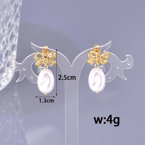 Bowknot Artificial Pearl Drop Earrings With Stainless Steel Earring Post 18K Gold Plated Zircon Vintage Jewelry For Women