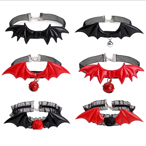 Gothic Bat Wings Choker Necklace Lace Mesh PU Leather With Bell Rose For Halloween Party Cosplay Punk Jewelry