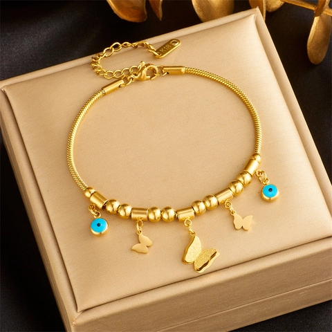 Gold Edelstahl Schmetterling Anhänger Armband Für Damen Blau Böser Blick Schlangenkette Verstellbar Retro Mode Schmuck