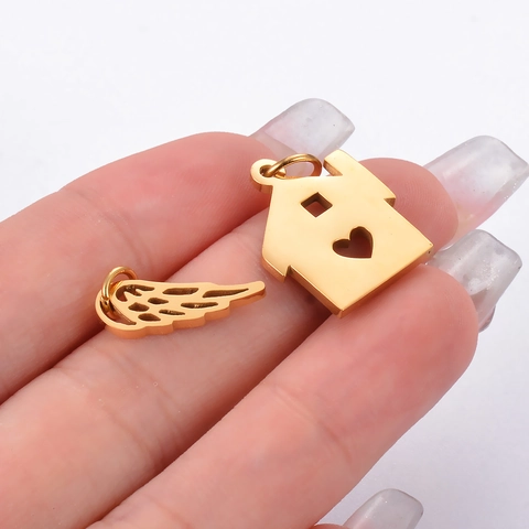 Dijes Colgantes De Acero Inoxidable Pulido Casa Corazón Hueco Forma Ala Pluma DIY Accesorios Para Joyería