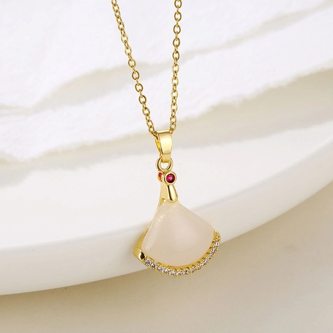 Collana Con Pendente A Forma Di Ventaglio Acciaio Inossidabile E Rame Con Zircone Conchiglia Bianca Gioielli Eleganti Oro