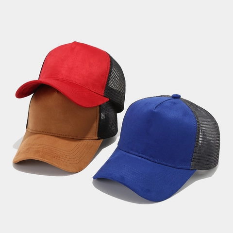 Unisex Suede Mesh Trucker Hat Breathable Patchwork Baseball Cap Adjustable Outdoor Retro Style Peaked Hat