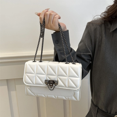 Quilted Crossbody Bag PU Leather Chain Strap Small Square Flap Shoulder Purse Minimalist Fashion Women