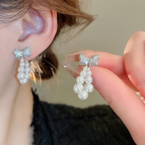 Schleife Hängeohrringe Mit Kupfer Zirkonia Imitationsperle Und Silbernem Ohrstecker Elegantes Süßer Schmuck Für Frauen