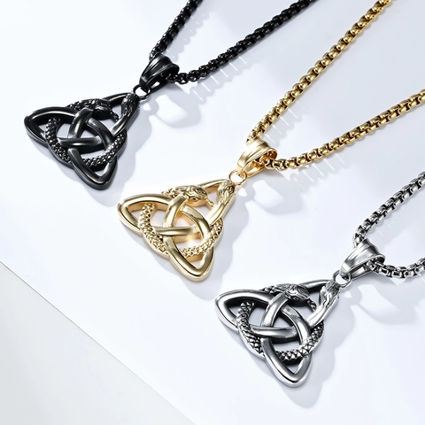 Collier Pendentif Serpent Nœud Celtique Viking Vintage en Acier Inoxydable Nordique Triquetra Bijoux Gothiques pour Hommes Unisexe
