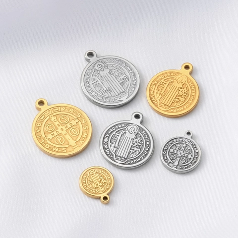 Sint Benedictus Medaille Charms Roestvrij Staal Rond Religieuze Hanger Voor DIY Ketting Armband Sieraden Maken Vintage 3D Reliëf