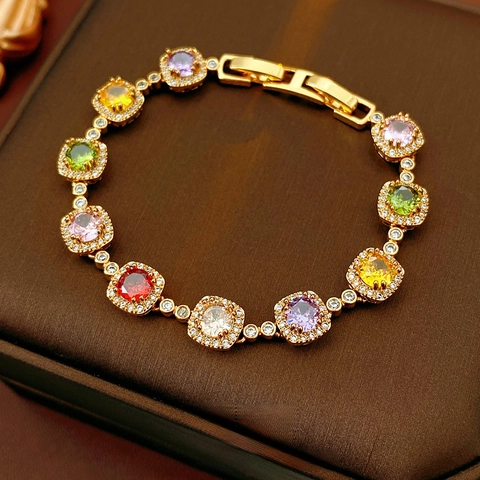 Vintage Square Multi Colored Zircon Bracelet Copper Gold Plated Halo Setting Retro Luxury Elegant Jewelry For Women