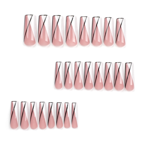 Long Square Press On Nails Geometric Black Lines French Minimalist Style Nude Pink False Nails For Women