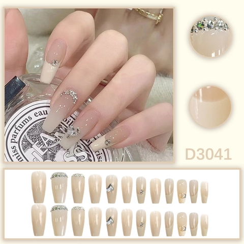 Unghie Finte Lunghe Forma Bara Sfumate Nude French Tip Con Cuore Di Strass Eleganti Unghie In Plastica ABS