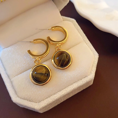 Vintage Geometric Tiger Eye Stud Earrings With Silver Earring Post Alloy Gold Plated Artificial Pearl Dangle Jewelry For Women