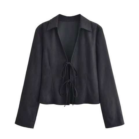 Blusa De Mujer De Manga Larga Textura De Gamuza Color Sólido Lazo Para Atar Cuello Camisero Corte Ajustado Chic Elegante