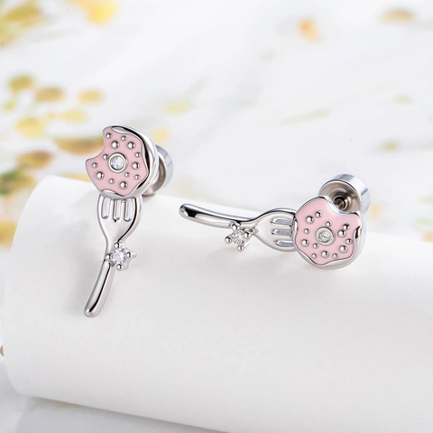 Pink Donut Fork Shape Ear Cartilage Stud Titanium Steel Zircon Enamel Piercing Jewelry Cute Niche Double Head Screw Back