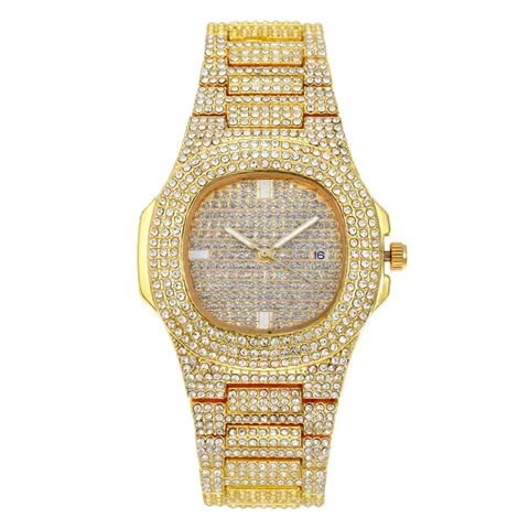 Womens Quartz Watch Full Rhinestone Studded Metal Band Calendar Fashion Luxury Timepiece For Lady