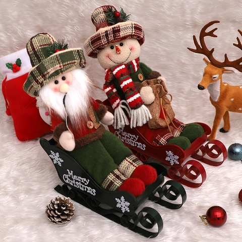Christmas Sleigh Ornament Santa Snowman Reindeer Figurine Knit Plush Plaid Desktop Decor Holiday Indoor Atmosphere