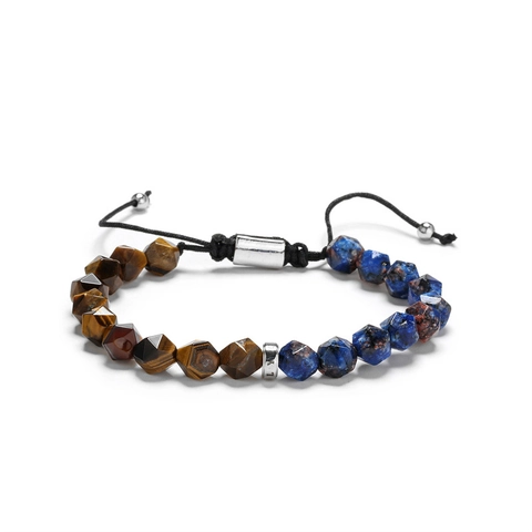 Faceted Natural Stone Beaded Bracelet Handmade Tiger Eye Malachite Gemstone Adjustable Woven Cord Jewelry For Men