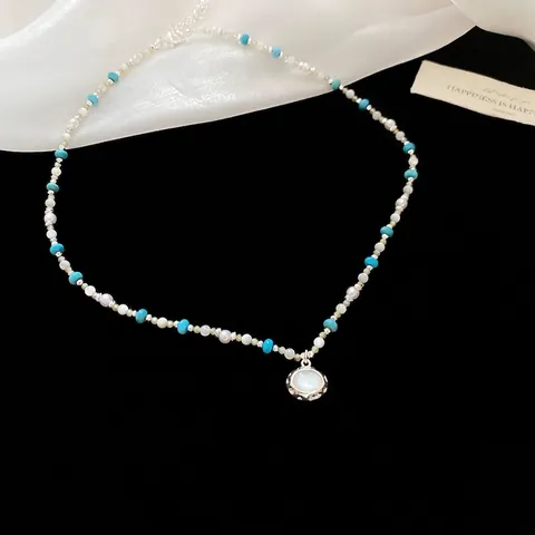 Beaded Necklace Oval White Pendant Alloy Imitation Artificial Pearl Blue Glass Beads Retro Bohemian Jewelry For Women