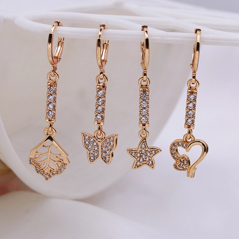 Copper Rhinestone Drop Earrings For Women Gold Plated Butterfly Heart Star Leaf Shape Elegant Fashion Jewelry Gift