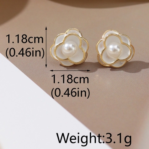 White Camellia Flower Stud Earrings Enamel Artificial Pearl Copper French Elegant For Women With 925 Sterling Silver Earring Post