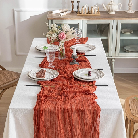Chemin de Table Bohème en Étamine Gaze Nappe Plissée Décoration Romantique de Mariage Fête Réception Douche Nuptiale Cuisine