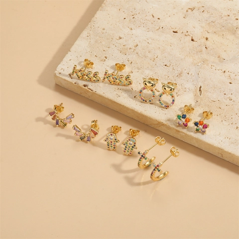 Exquisite 14K Gold Plated Copper Earrings With Zircon Inlaid Colorful Flower Kiss Cross Hamsa Hand Studs Steel Earring Post