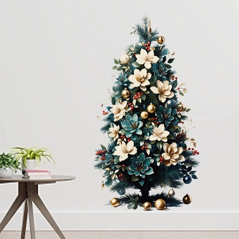 Christmas Tree Wall Sticker PVC Self Adhesive Magnolia Floral Removable Decal For Living Room Bedroom Holiday Home Decor