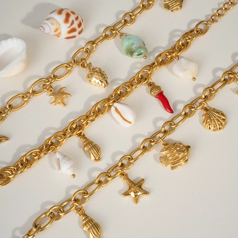 Oceaan Thema Charm Armband Roestvrij Staal Verguld Schelp Zeester Vis Hanger Zomer Strand Vakantie Sieraden Dames