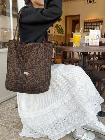 Borsa Tote Con Stampa Leopardata Grande Capacità Camoscio Tela Tessuto Trendy Retro Pendolare Borsa A Spalla Casual Per Donna