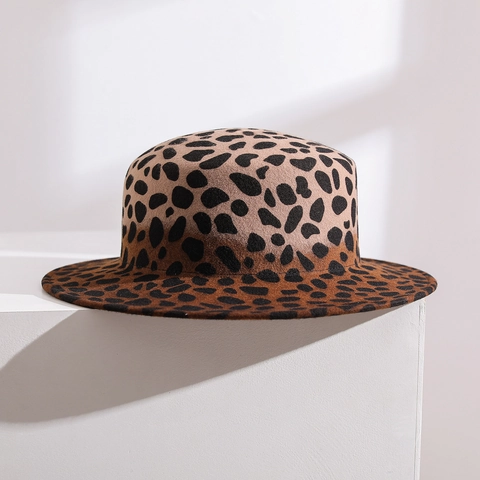 Leopard Print Gradient Australian Wool Flat Top Fedora Hat Wide Brim Adjustable Fashion Accessories
