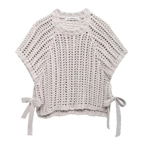 Haut En Tricot Crocheté Femmes Manches Courtes Col Rond Noeud Latéral Pull Décontracté Couleur Unie Été