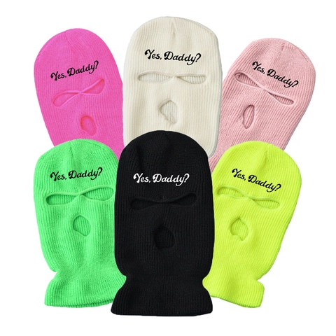 Knitted Acrylic Balaclava 3-Hole Ski Mask With Yes Daddy Lettering Warm Windproof Winter Face Mask For Women And Men