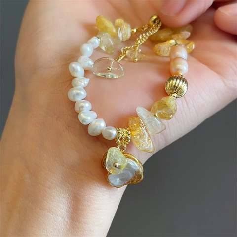 Natural Citrine Freshwater Pearl Bracelet Baroque Handcrafted Adjustable Pull Chain Gold Plated Crystal Women Jewelry