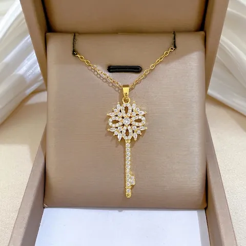 Collana Con Pendente A Chiave A Fiore Cavo Catena In Acciaio Inossidabile E Zircone Di Rame Gioielli Di Lusso Per Donna