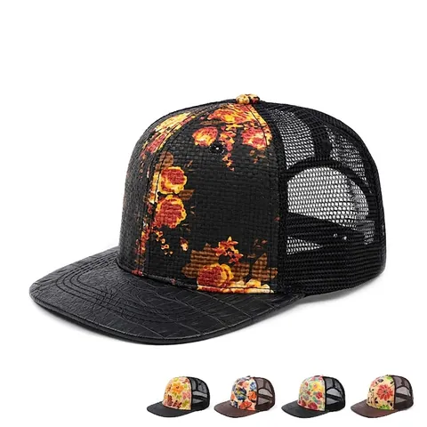 Casquette Trucker Imprimé Fleuri Mesh Paille Tissée Visière Cuir Crocodile Snapback Réglable Pare-Soleil Été Extérieur
