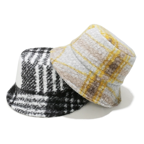 Plaid Fleece Bucket Hat Winter Warm Lamb Wool Checkered Retro Style Thick Plush For Women Men