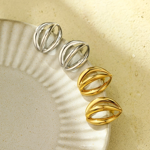 Orecchini in Acciaio Inossidabile Placcato Oro 18K Vintage Francese per Donna Orecchini a Bottone Geometrici Cavi