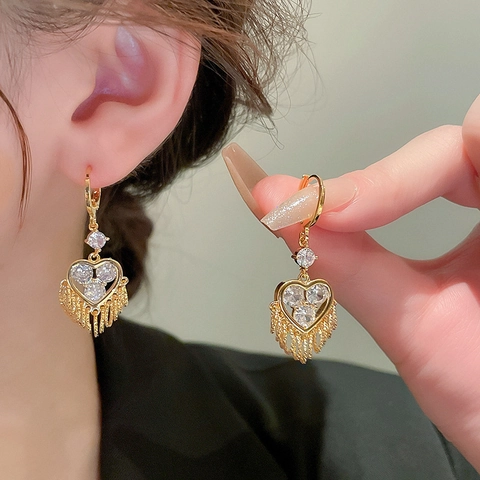 Herz Quaste Creolen Mit Zirkonia Kupfer Vergoldet Elegante Fransen Hängeohrringe Für Damen Stahl Ohrstecker