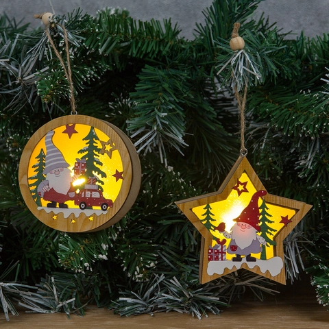 Christmas Wooden LED Hanging Ornaments Star Round Xmas Tree Gnome Scene Decor For Holiday Home